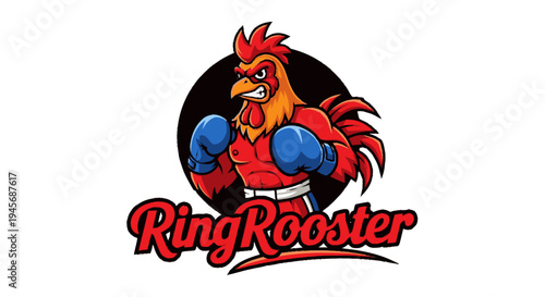 Cartoon Rooster Wearing Boxing Gloves.