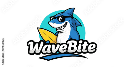 Cartoon Shark Character with Sunglasses Surfboard.