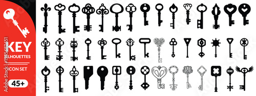 Antique key silhouettes. Medieval and modern keys, black vintage shapes set. Open door symbols, privacy and escape. Abstract tidy vector elements