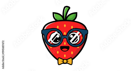 Cartoon Strawberry Character Wearing Glasses Bowtie.