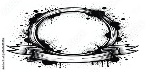 Ornate oval emblem frame with ink splatter and scroll banner, hand drawn sketch style, black and white, label holder, title holder, title box