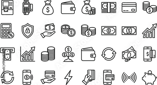 Banking finance and payment line icon set with money wallet card transaction symbols minimal outline vector illustration collection