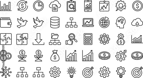 Business finance and analytics line icon set with growth chart money strategy investment symbols minimal outline vector illustration