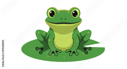 Smiling green frog sitting on large leaf looking friendly