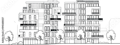 Architectural drawing of a modern multi story building isolated on transparent background