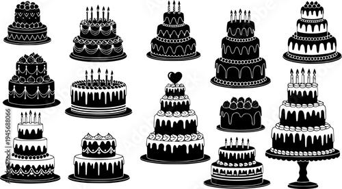 Solid black silhouette of a tiered celebration cake, minimalist wedding and birthday bakery vector illustration isolated on white.