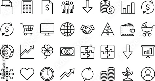 Business finance line icons set banking money investment growth payment shopping analytics economy profit chart outline vector collection