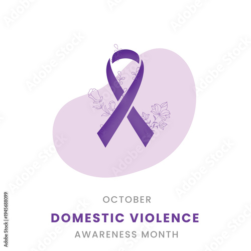 Minimalist purple ribbon design for Domestic Violence Awareness Month in October. Features delicate floral line art and soft shapes. Ideal for safety and wellness campaign posters.