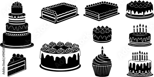 Solid black silhouette of a tiered celebration cake, minimalist wedding and birthday bakery vector illustration isolated on white.