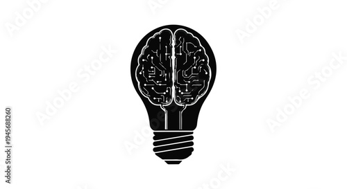 Monochrome depiction of a lightbulb enclosing a detailed circuit board pattern representing the human brain, symbolizing innovation and digital intelligence.