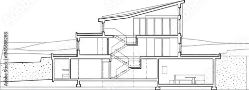 Architectural cross section drawing of a modern house with staircase isolated on transparent background