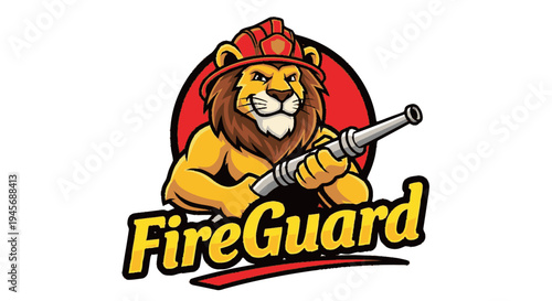 Lion Fireguard Mascot Holding Fire Hose.