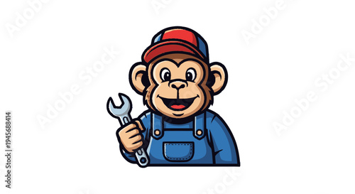 Monkey in Overalls Holding Adjustable Wrench.