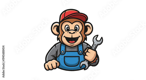 Monkey Wearing Overalls Holding Wrench.