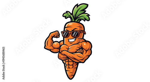 Muscular Cartoon Carrot Character with Sunglasses.
