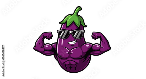 Muscular Cartoon Eggplant Character with Sunglasses.