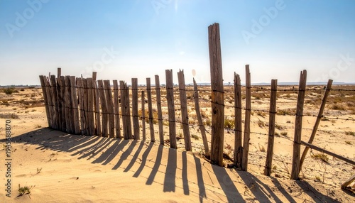 Weathered wooden fence casting long shadows on a sandy beach under a bright blue sky