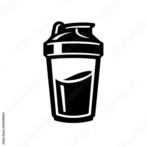 Modern black and white vector icon of a protein shaker bottle, showcasing liquid contents, perfect for fitness apps, gym websites, and nutrition branding. This graphic highlights hydration, workout su