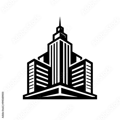 Sleek black & white vector illustration of a modern urban skyscraper complex, featuring a towering central building with spire flanked by two contemporary structures. Perfect emblem for real estate, c