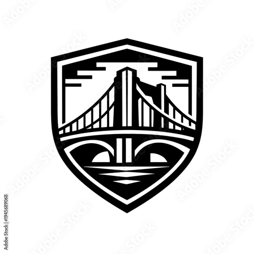 Stunning Black & White Suspension and Arch Bridge Logo within a Regal Shield Emblem, Symbolizing Urban Connectivity, Architectural Grandeur, and Engineering Excellence in a Modern Graphic Design. Perf