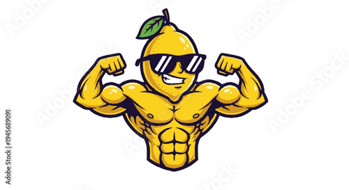 Muscular Lemon Character with Sunglasses Flexing.