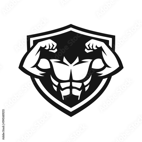 Dynamic Bodybuilding & Fitness Shield Logo: Featuring a Powerful Muscular Torso with Flexed Biceps, Symbolizing Strength, Protection, and Athletic Excellence for Gyms, Sports Clubs, and Health Brands,