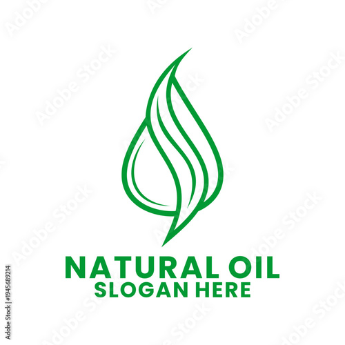 Natural Oil Logo Green Leaf Drop Organic Eco Product Symbol. Natural Oil Line art logo design
