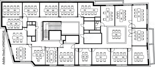 A black and white floor plan image of a building isolated on transparent background