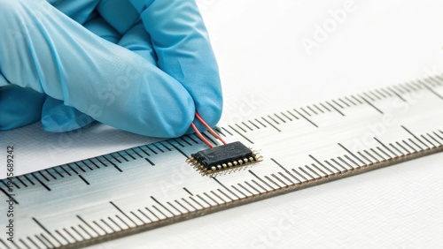 A gloved hand holds tweezers to place a small microchip on a ruler, highlighting precision and scale in microelectronics assembly.