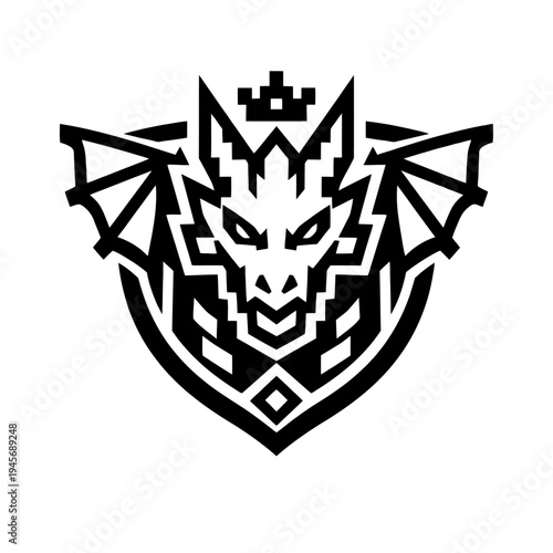 Powerful Geometric Dragon Emblem: A Royal Mythical Creature with Crown, Sprawling Wings, and Shield Motif, Perfect for Esport Teams, Gaming Brands, Fantasy Lore, or Digital Identity, Rendered in Strik
