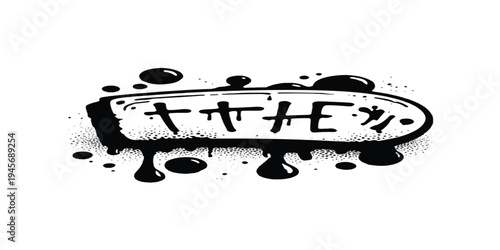 Japanese inspired abstract oval sign with calligraphy, dripping ink, and bubbles, black and white, street art, ink splash, space for text