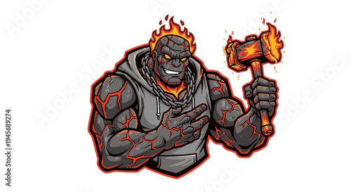 Muscular Man Holding Flaming Hammer Cartoon.