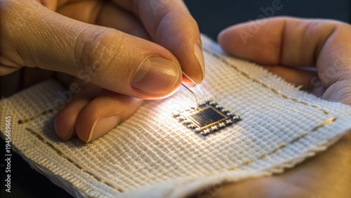 Close-up of hands sewing a small electronic microchip onto fabric, illustrating wearable technology integration in textiles.