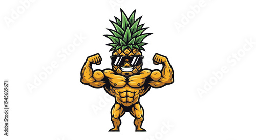 Pineapple Character Muscular Bodybuilder Flexing Muscles.