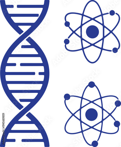 Scientific illustration featuring dna helix and atomic structures