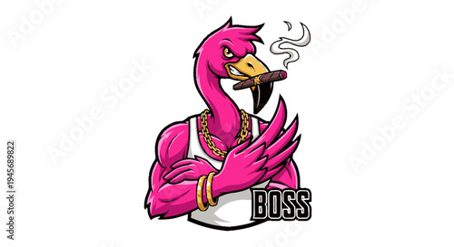 Pink Flamingo Cartoon Character Smoking Cigar.