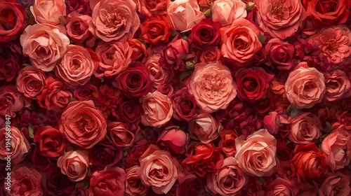 Small red orange and pastel pink roses covering entire frame forming colorful floral background for greeting cards wedding invitations textile print wallpaper and decorative packaging design