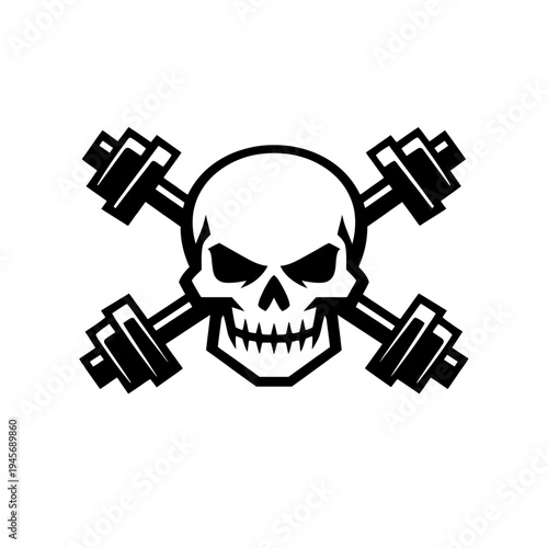 Skull and crossed dumbbells logo. Hardcore fitness, intense weightlifting, bodybuilding, powerlifting, strength training. Symbolizes raw power, gym motivation, unwavering dedication, peak athletic per