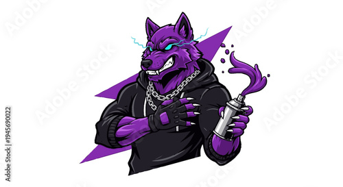 Purple Wolf Character Holding Bottle Illustration.