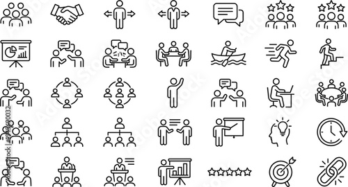 Business teamwork communication line icons set leadership meeting collaboration discussion presentation partnership people management training outline vector collection