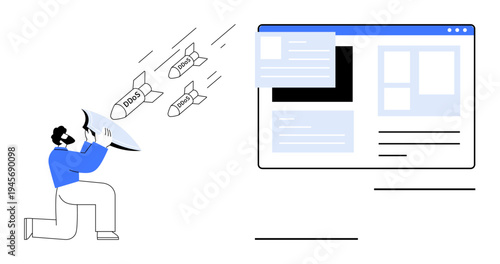 Cybersecurity, internet protection, data defense, website security, online threats, digital safety. Person using shield to block DDoS attacks targeting a website. Cybersecurity and internet