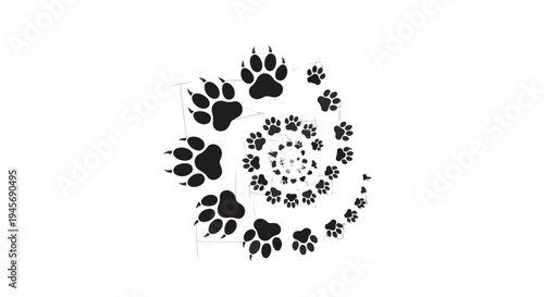 Paw prints forming a mesmerizing spiral pattern in varying sizes, rendered in stark black against a clean white background, creating an intriguing abstract design perfect for pet-related concepts.