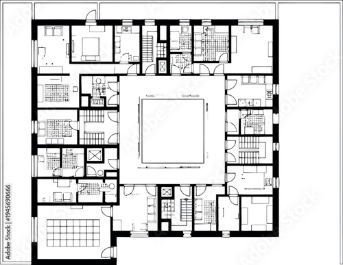 Black and white architectural floor plan isolated on transparent background