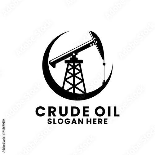 Crude Oil Pumpjack Icon Black and White Industrial Energy logo design vector template