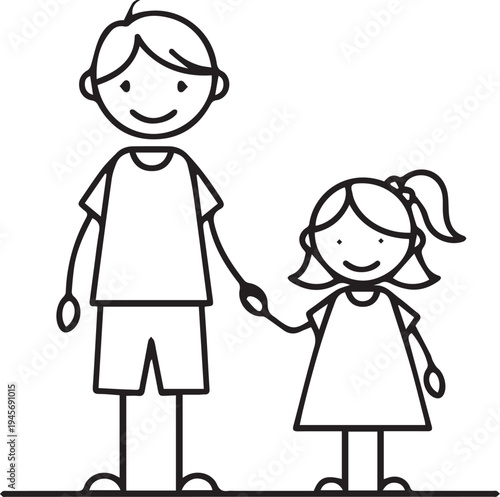 A smiling boy and girl holding hands in a simple line drawing style
