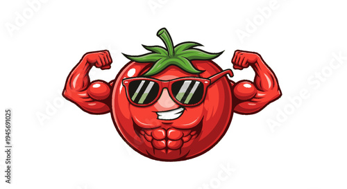 Strong Tomato Character with Sunglasses Flexing.