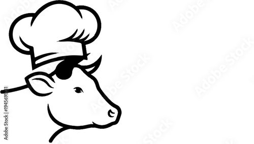 A stylized drawing of a cow's head wearing a chef's hat