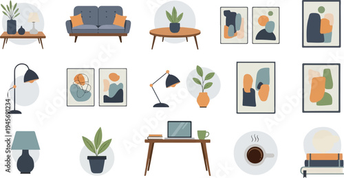 Collection of modern home decor elements furniture, lamps, art, plants, coffee, books