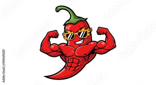 Cartoon Red Chili Pepper Character Flexing Muscles.