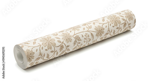 Rolled Floral Wallpaper with Beige Pattern on White Background